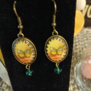 Source Unknown Butterfly Earrings with Yellow and Green